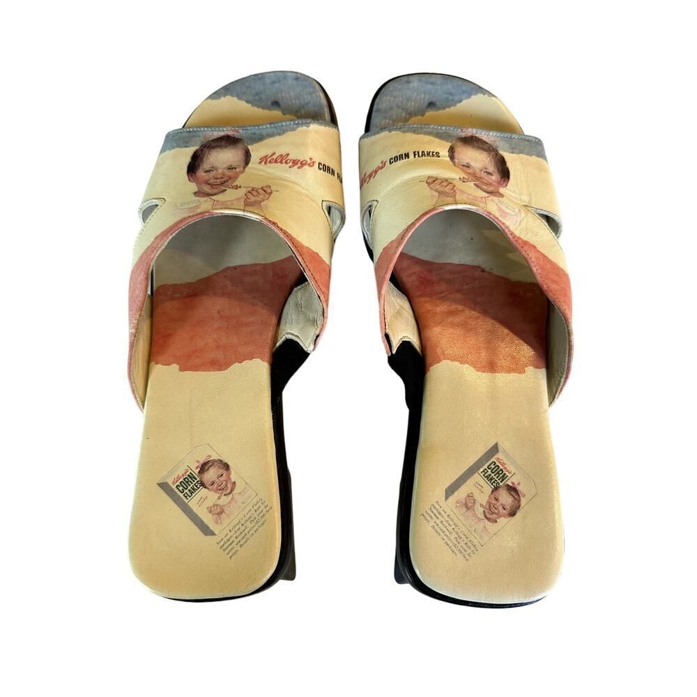 ICON Women's Retro Kellogg's Cereal Graphic Leather Slide Sandals Tan Size 6.5